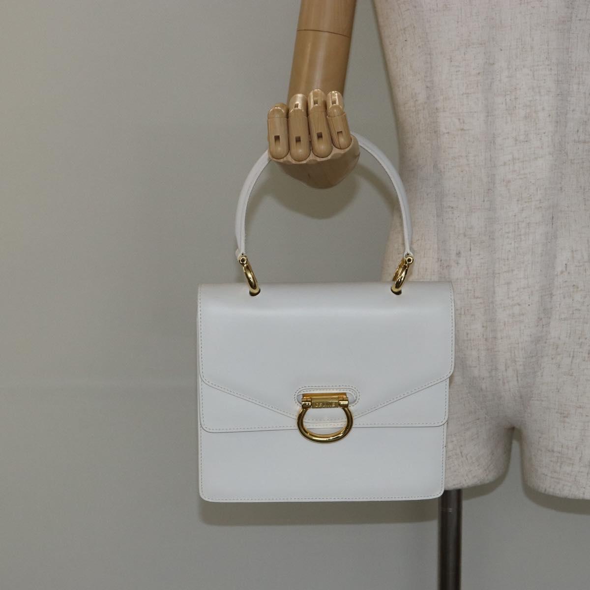 CELINE Hand Bag Leather White Gold Auth 146638