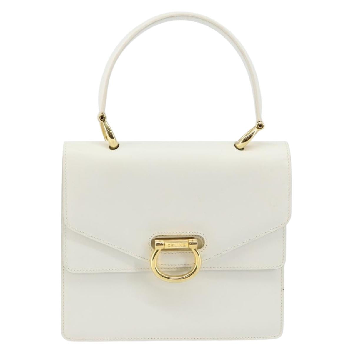 CELINE Hand Bag Leather White Gold Auth 146638