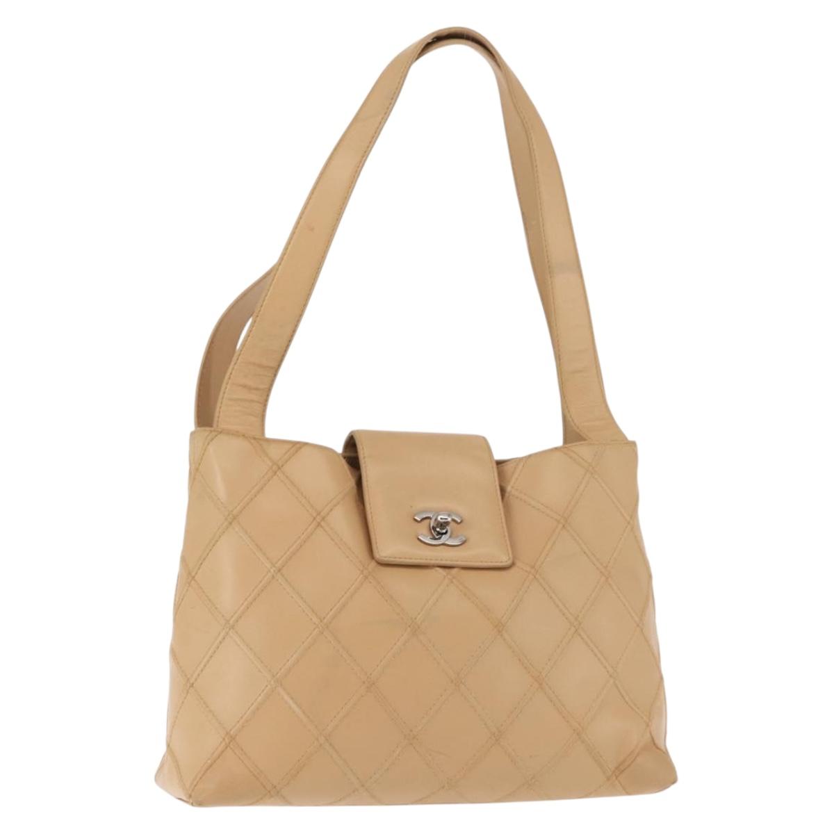 CHANEL Bicolore Shoulder Bag Lamb Skin Beige Silver CC Auth 146639