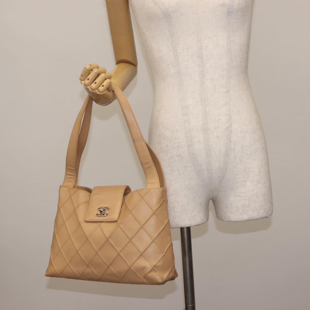 CHANEL Bicolore Shoulder Bag Lamb Skin Beige Silver CC Auth 146639