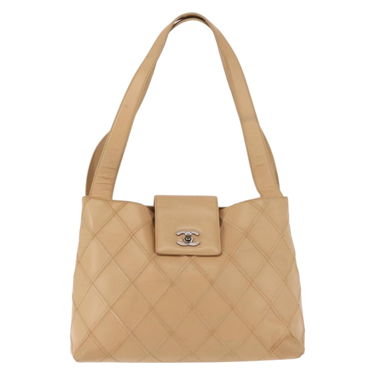 CHANEL Bicolore Shoulder Bag Lamb Skin Beige Silver CC Auth 146639