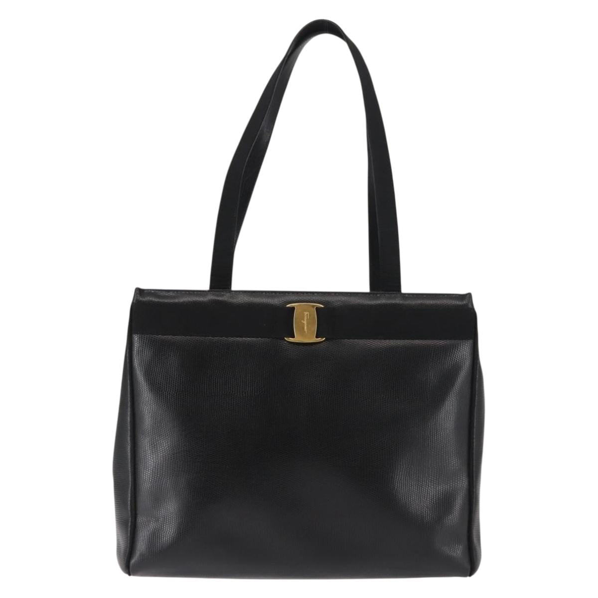 Salvatore Ferragamo Vala Tote Bag Croco Embossing Black Gold Auth 146655