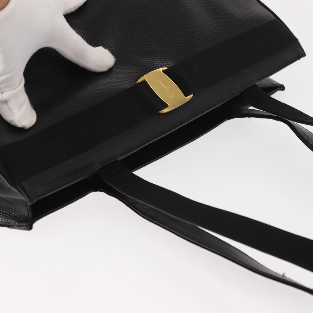 Salvatore Ferragamo Vala Tote Bag Croco Embossing Black Gold Auth 146655