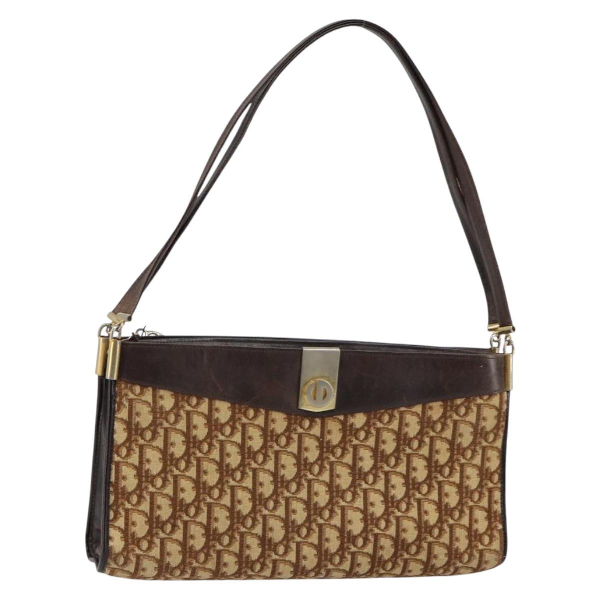 Christian Dior Trotter Canvas Shoulder Bag Brown Gold Auth 146664