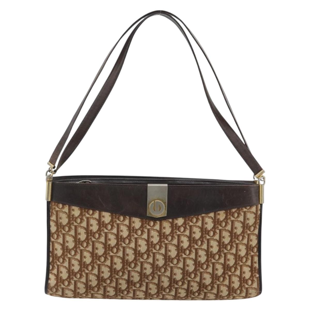 Christian Dior Trotter Canvas Shoulder Bag Brown Gold Auth 146664