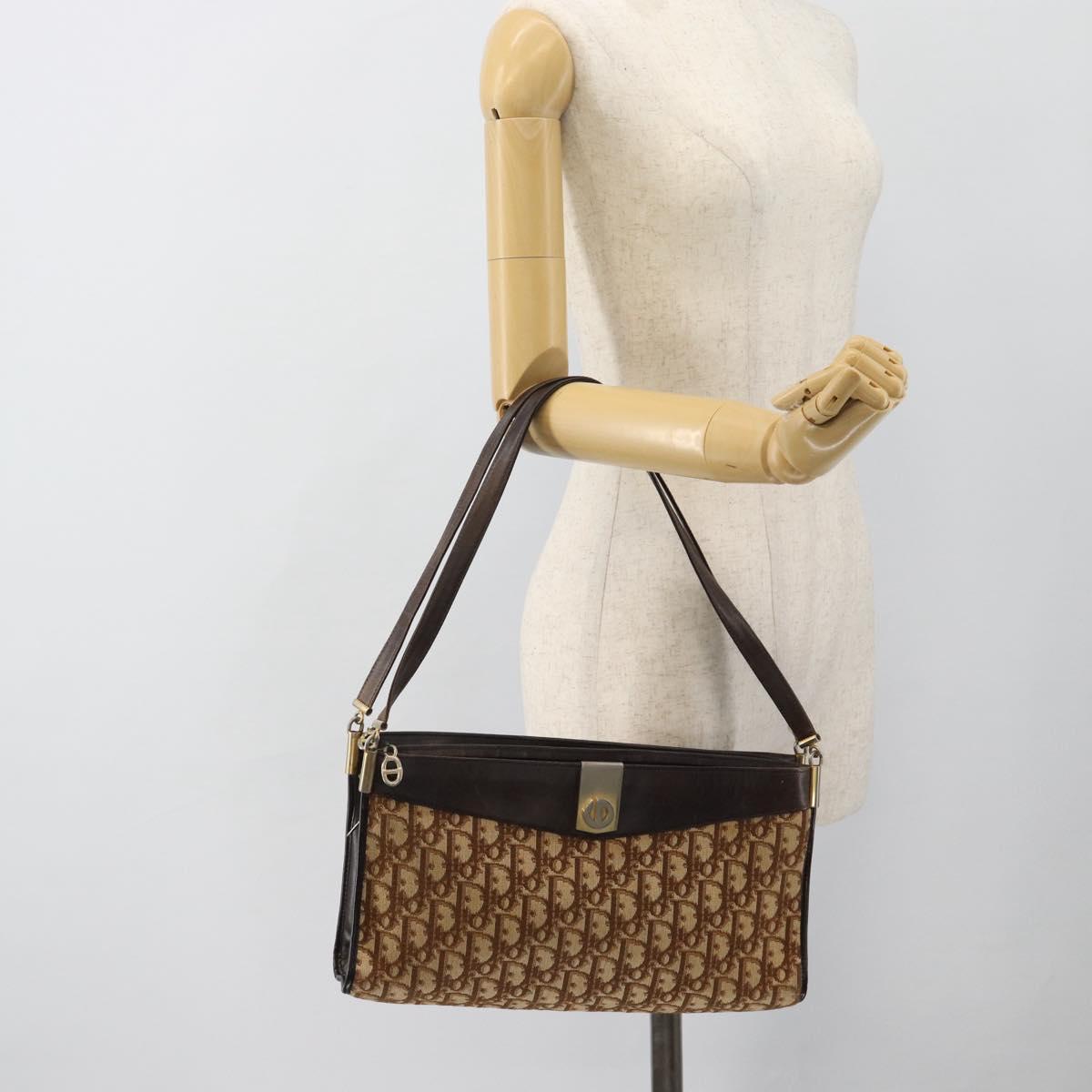 Christian Dior Trotter Canvas Shoulder Bag Brown Gold Auth 146664