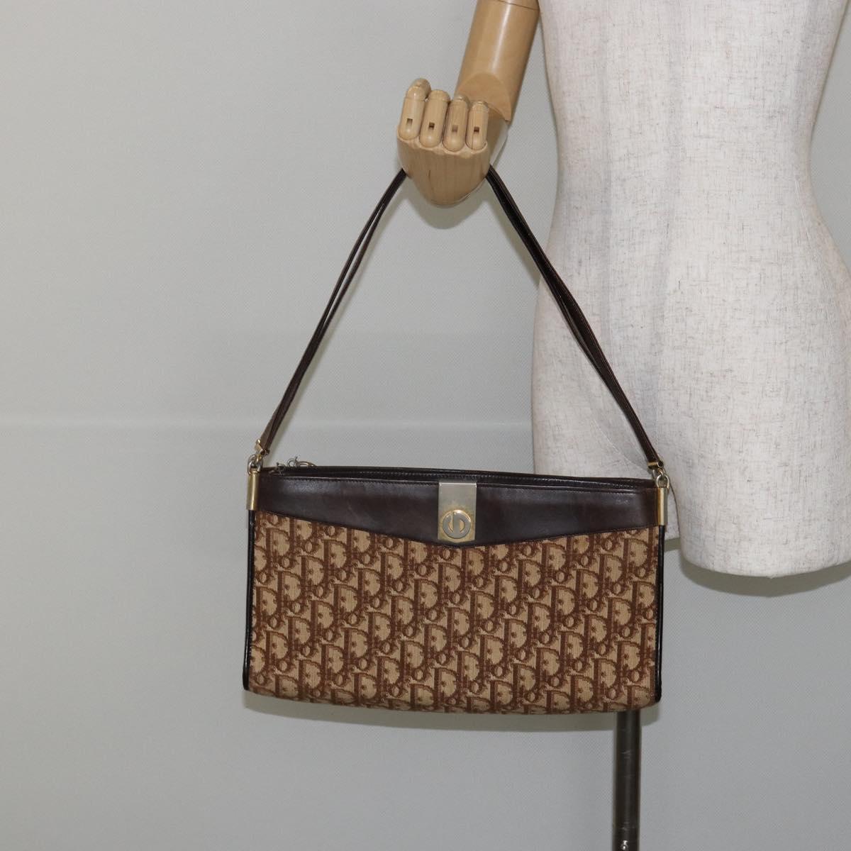 Christian Dior Trotter Canvas Shoulder Bag Brown Gold Auth 146664