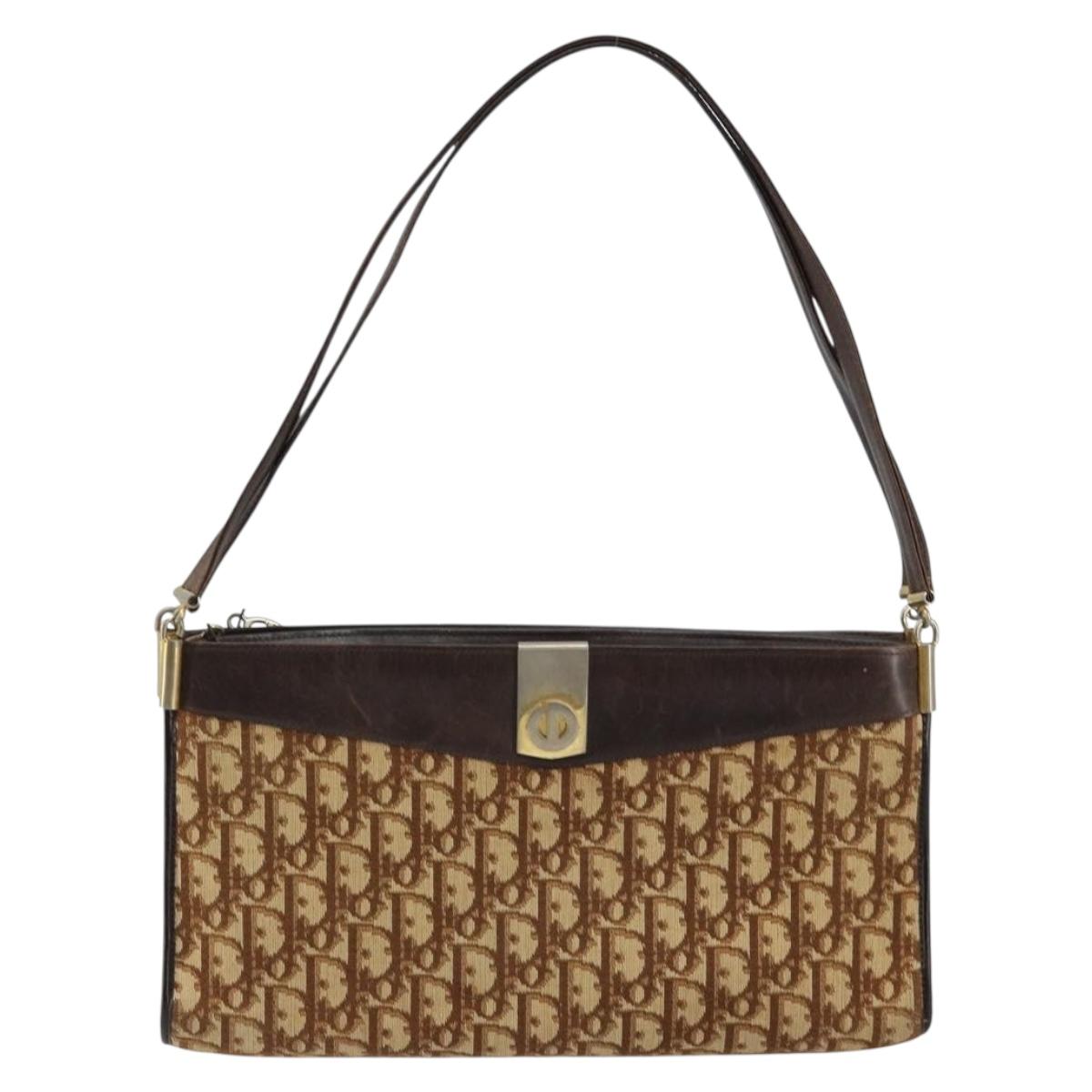 Christian Dior Trotter Canvas Shoulder Bag Brown Gold Auth 146664