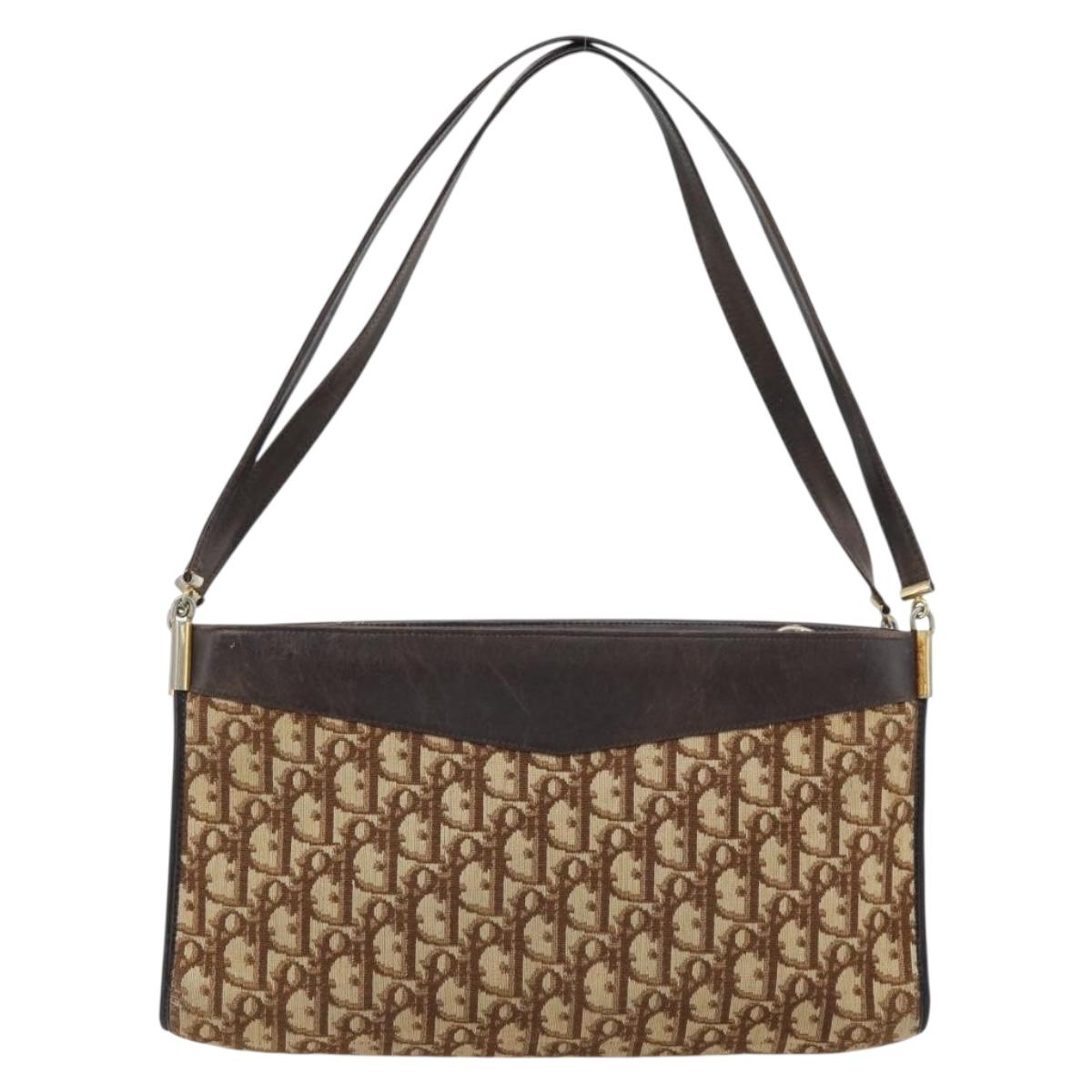 Christian Dior Trotter Canvas Shoulder Bag Brown Gold Auth 146664