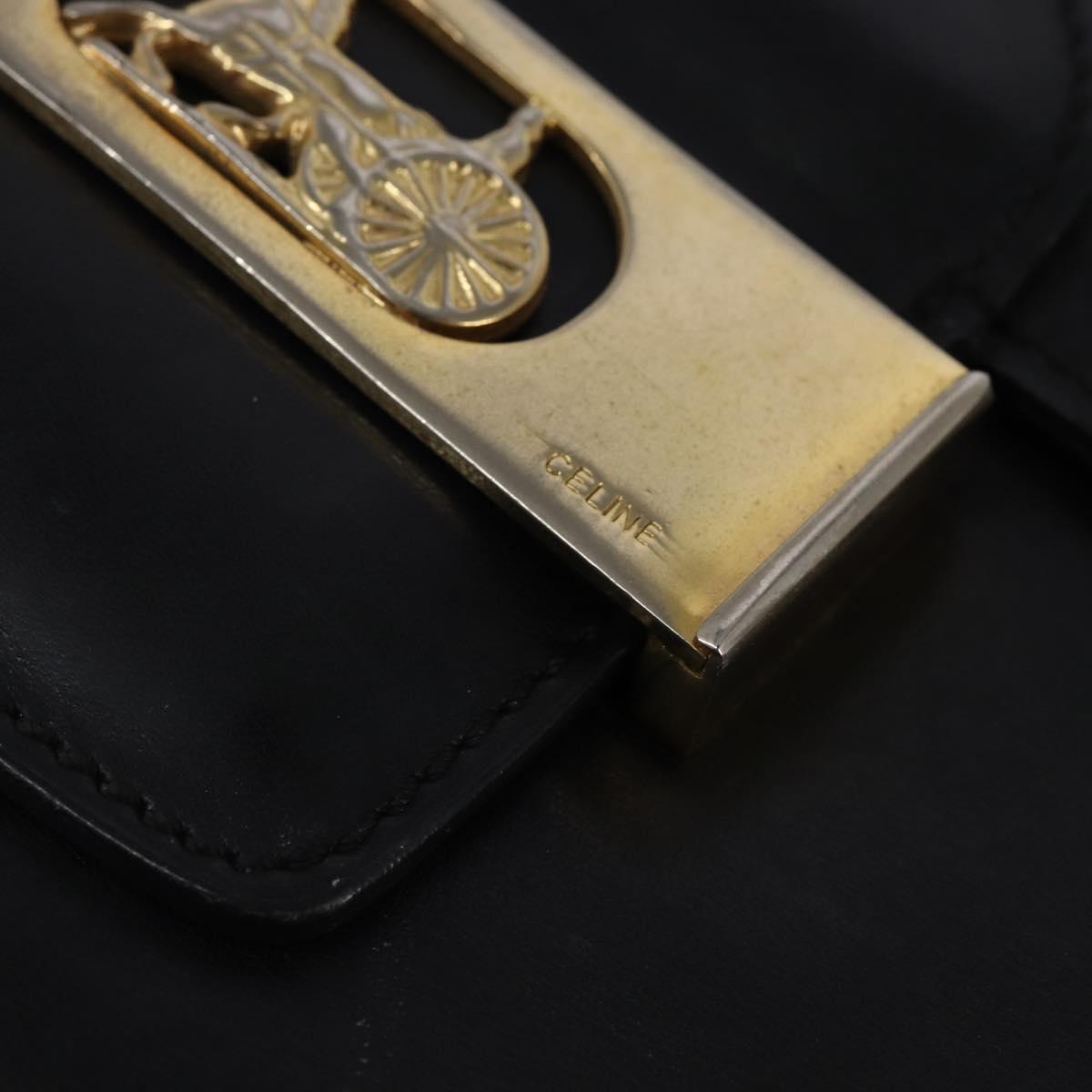 CELINE Horse Carriage Shoulder Bag Leather Vintage Black Gold Auth 146665