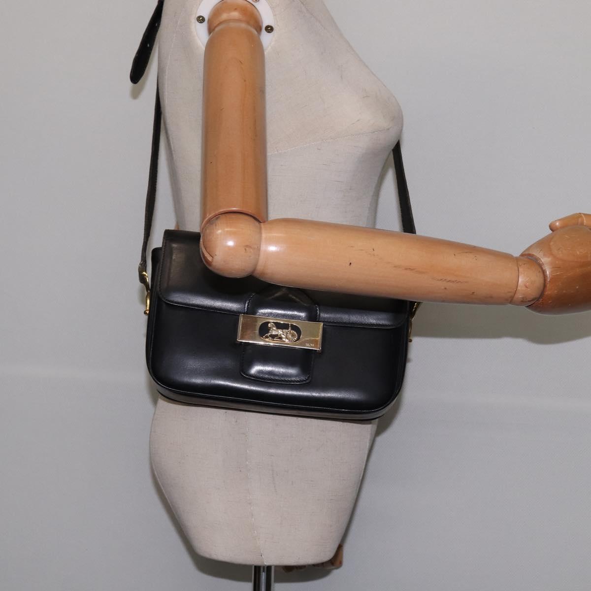 CELINE Horse Carriage Shoulder Bag Leather Vintage Black Gold Auth 146665