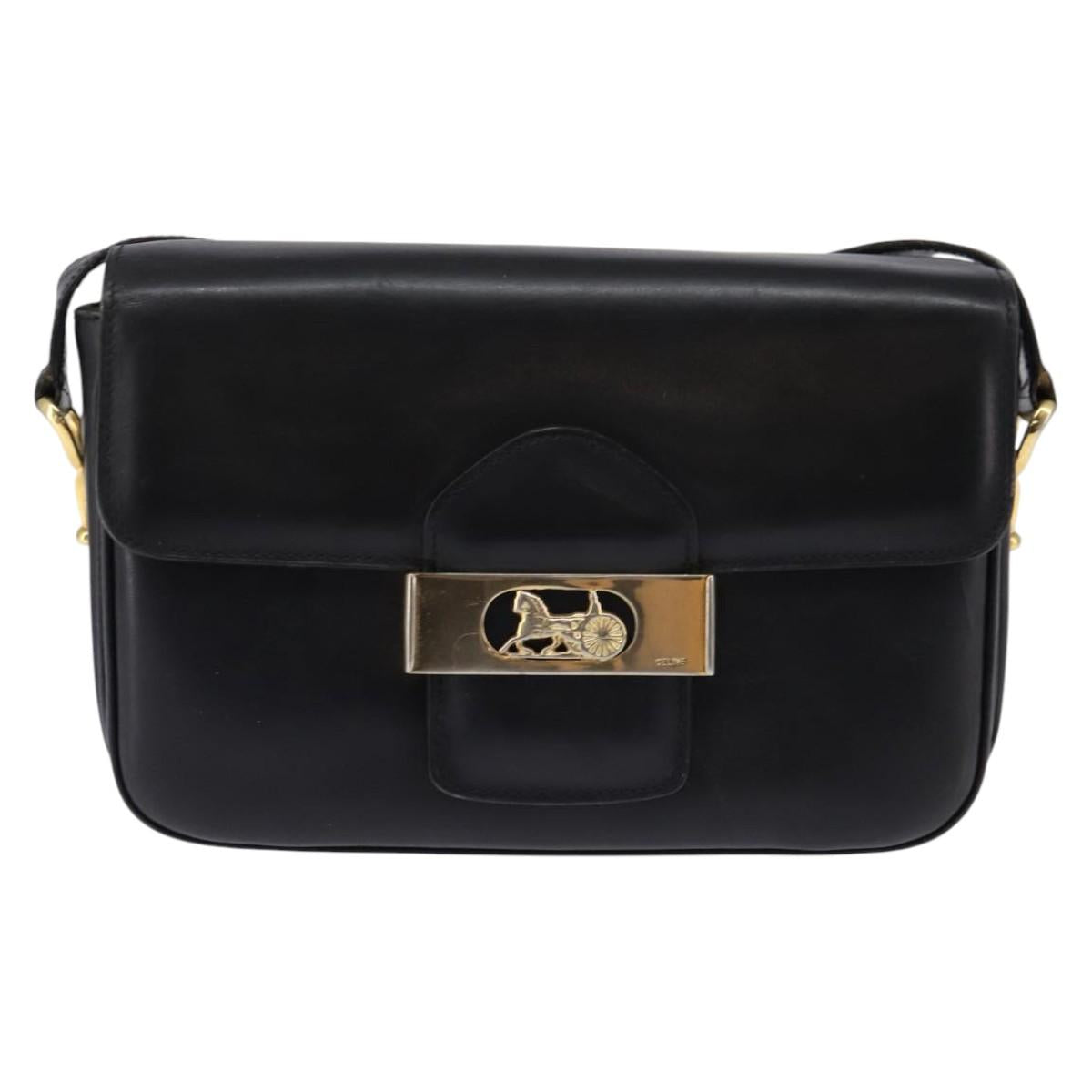 CELINE Horse Carriage Shoulder Bag Leather Vintage Black Gold Auth 146665