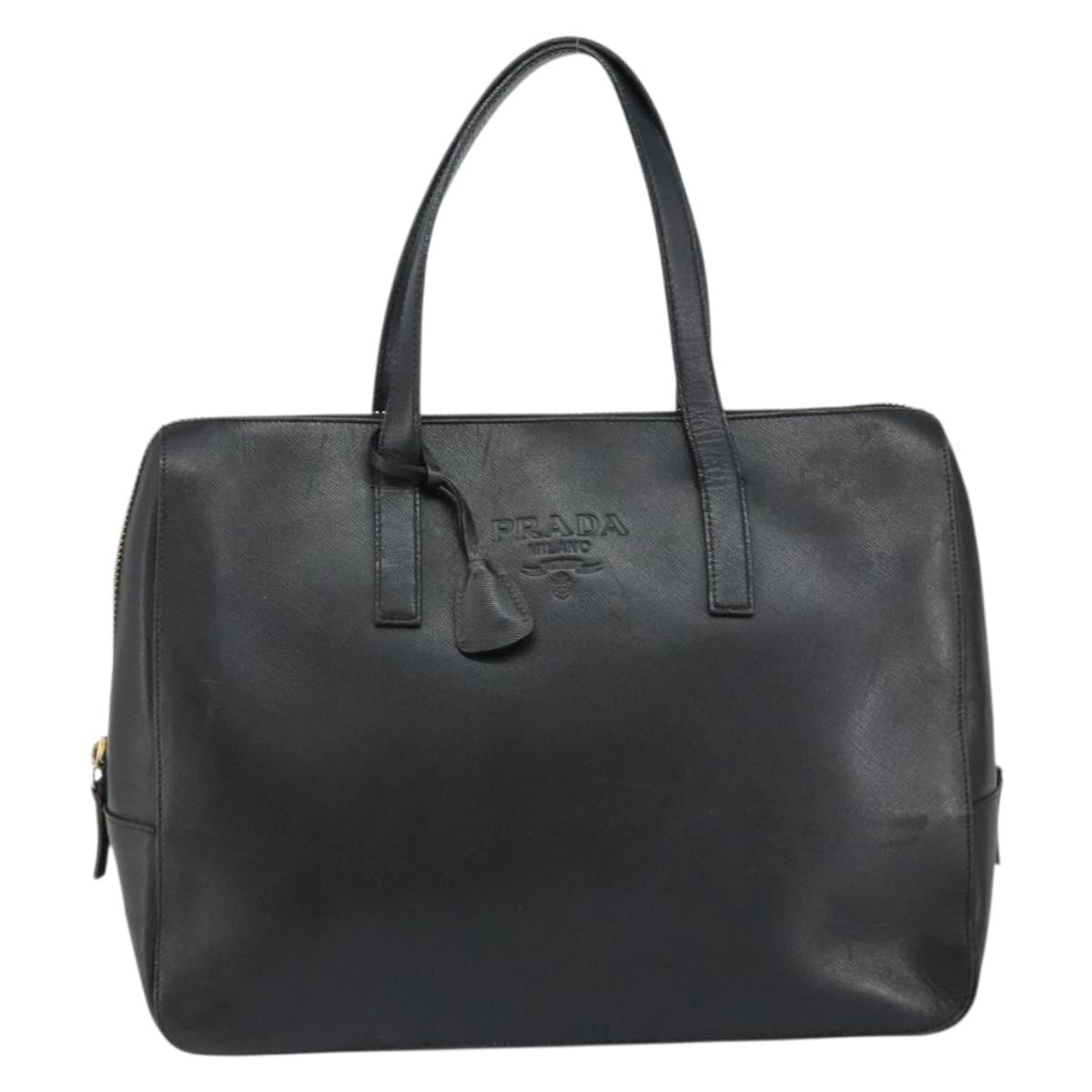 PRADA Hand Bag Safiano leather Black Gold Auth 146677