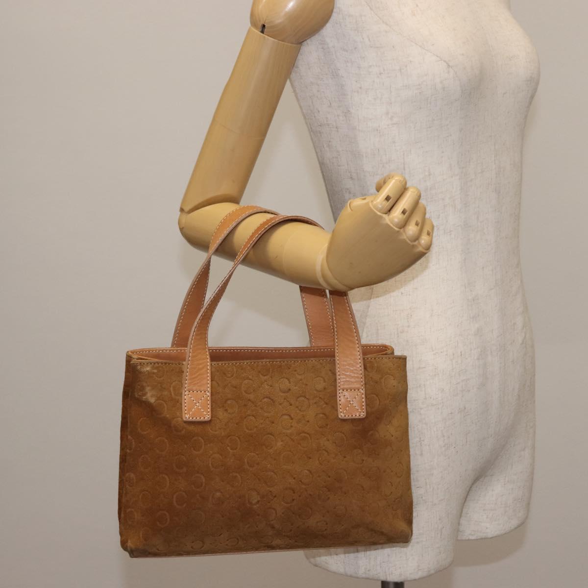 CELINE C Macadam Canvas Hand Bag Suede Brown Gold Auth 146684