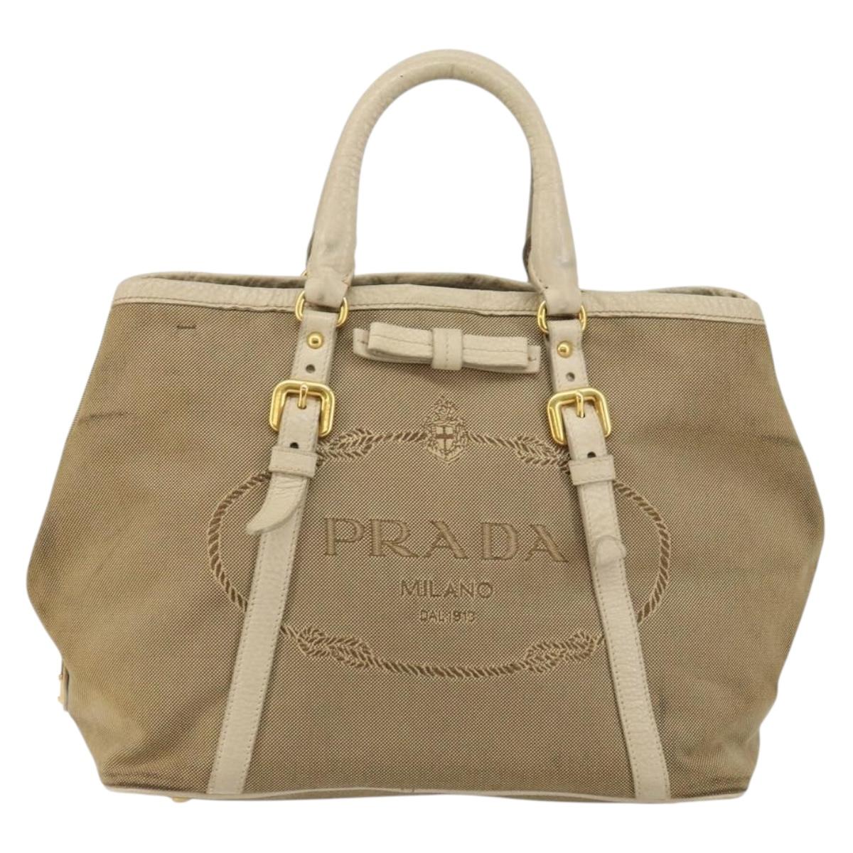 PRADA Hand Bag Canvas Beige Gold Auth 146705