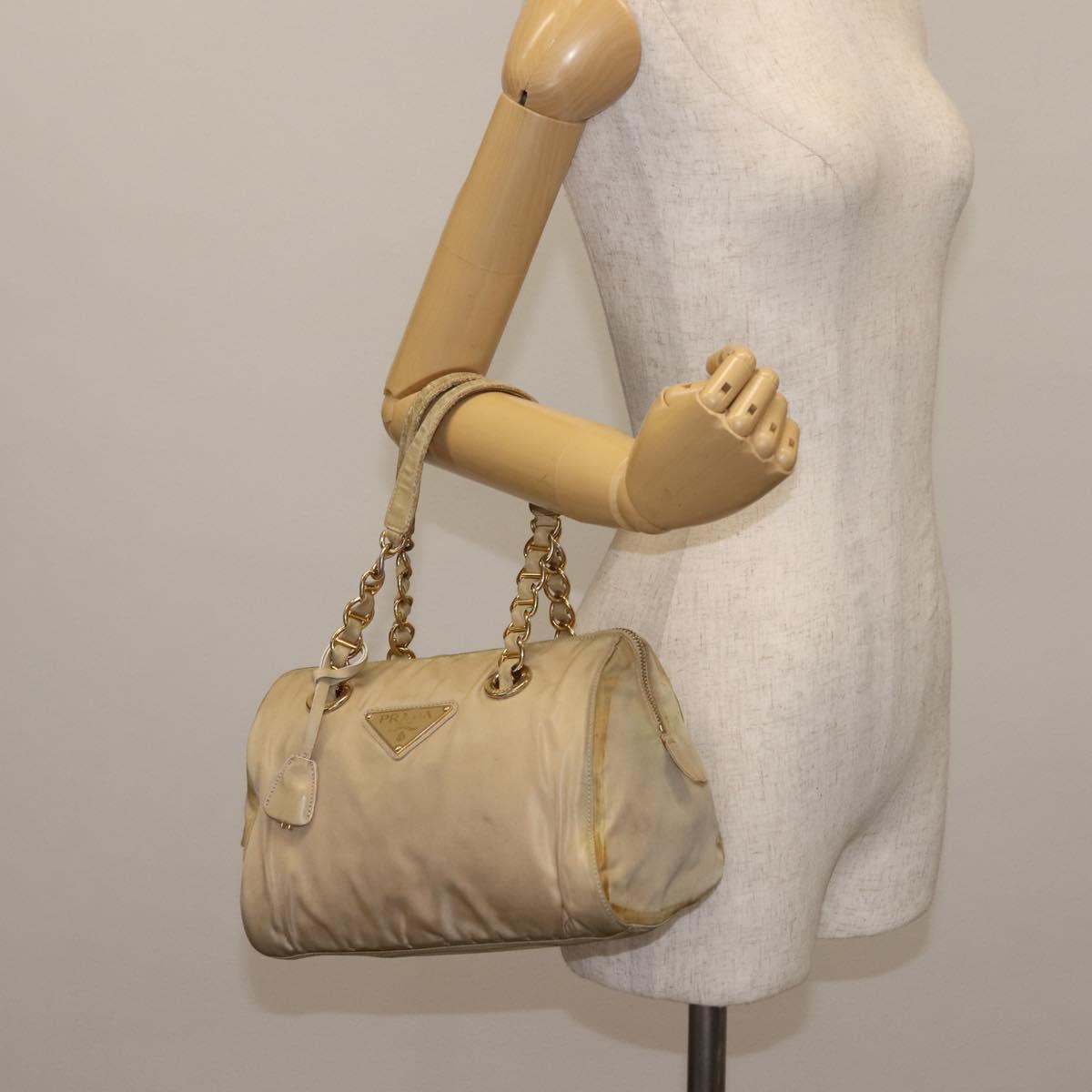 PRADA Chain Hand Bag Nylon Beige Gold Auth 146709