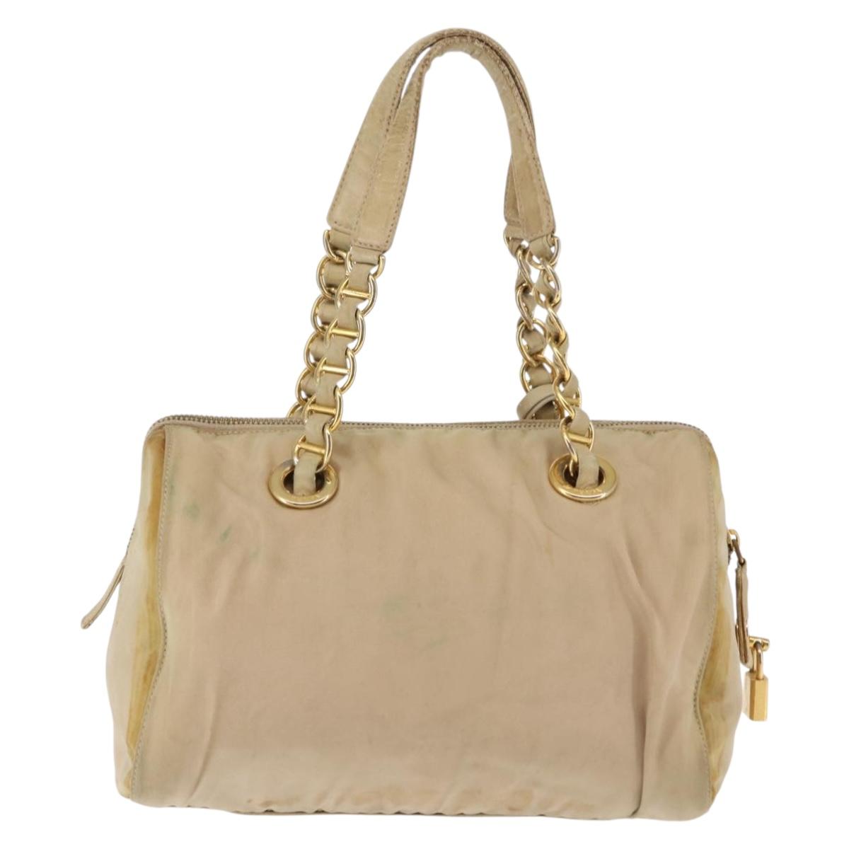 PRADA Chain Hand Bag Nylon Beige Gold Auth 146709