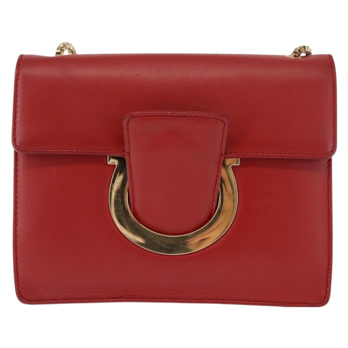 Salvatore Ferragamo Gancini Chain Shoulder Bag Leather Red Gold Auth 146725