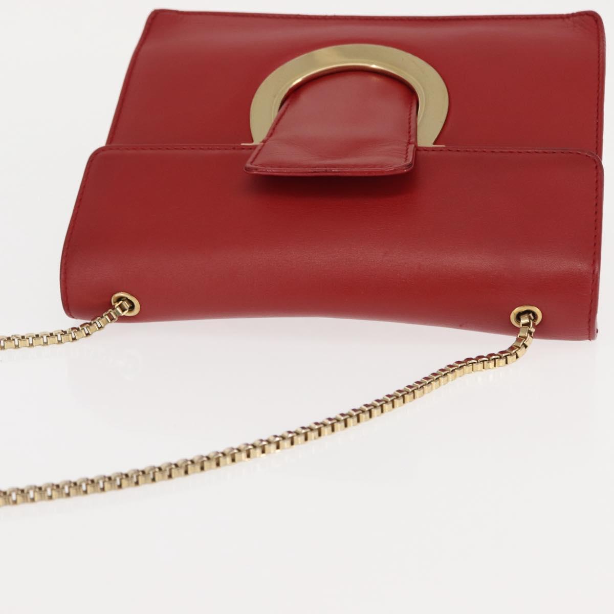 Salvatore Ferragamo Gancini Chain Shoulder Bag Leather Red Gold Auth 146725