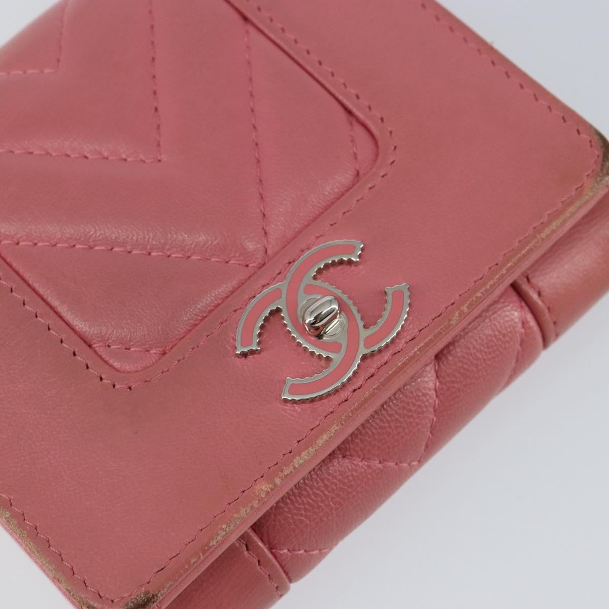 CHANEL V Stitch COCO Mark Trifold Wallet Lamb Skin Pink Silver CC Auth 146750