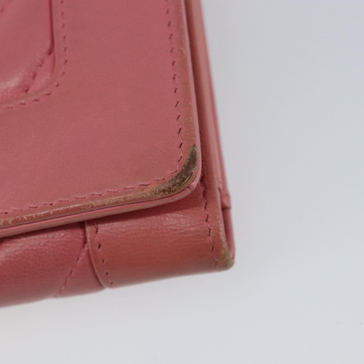 CHANEL V Stitch COCO Mark Trifold Wallet Lamb Skin Pink Silver CC Auth 146750
