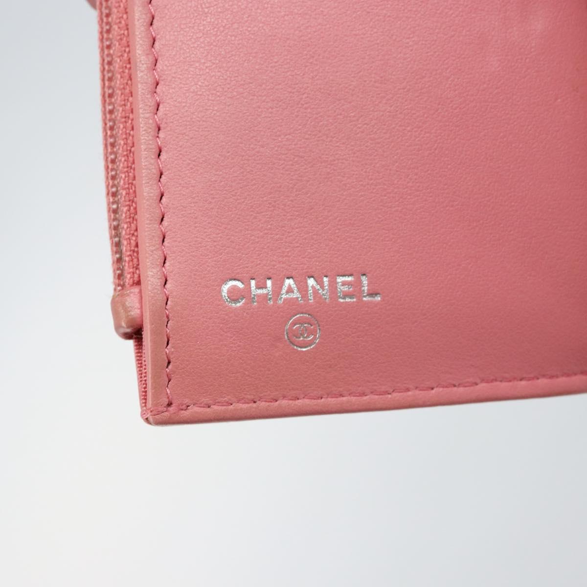 CHANEL V Stitch COCO Mark Trifold Wallet Lamb Skin Pink Silver CC Auth 146750