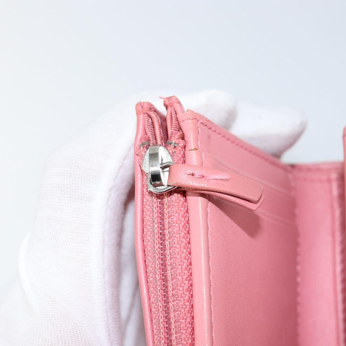 CHANEL V Stitch COCO Mark Trifold Wallet Lamb Skin Pink Silver CC Auth 146750