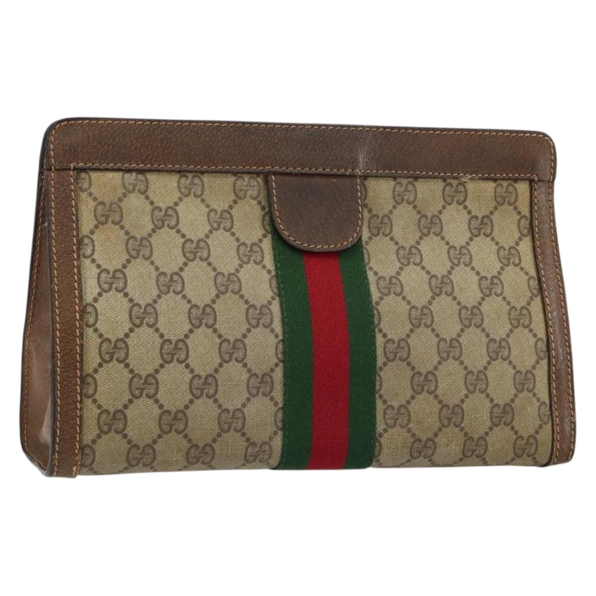 GUCCI GG Supreme Web Sherry Line Clutch Bag PVC Leather Beige Auth 146759