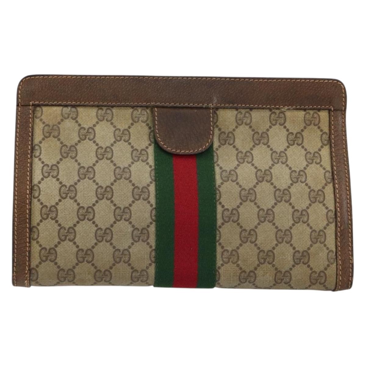 GUCCI GG Supreme Web Sherry Line Clutch Bag PVC Leather Beige Auth 146759