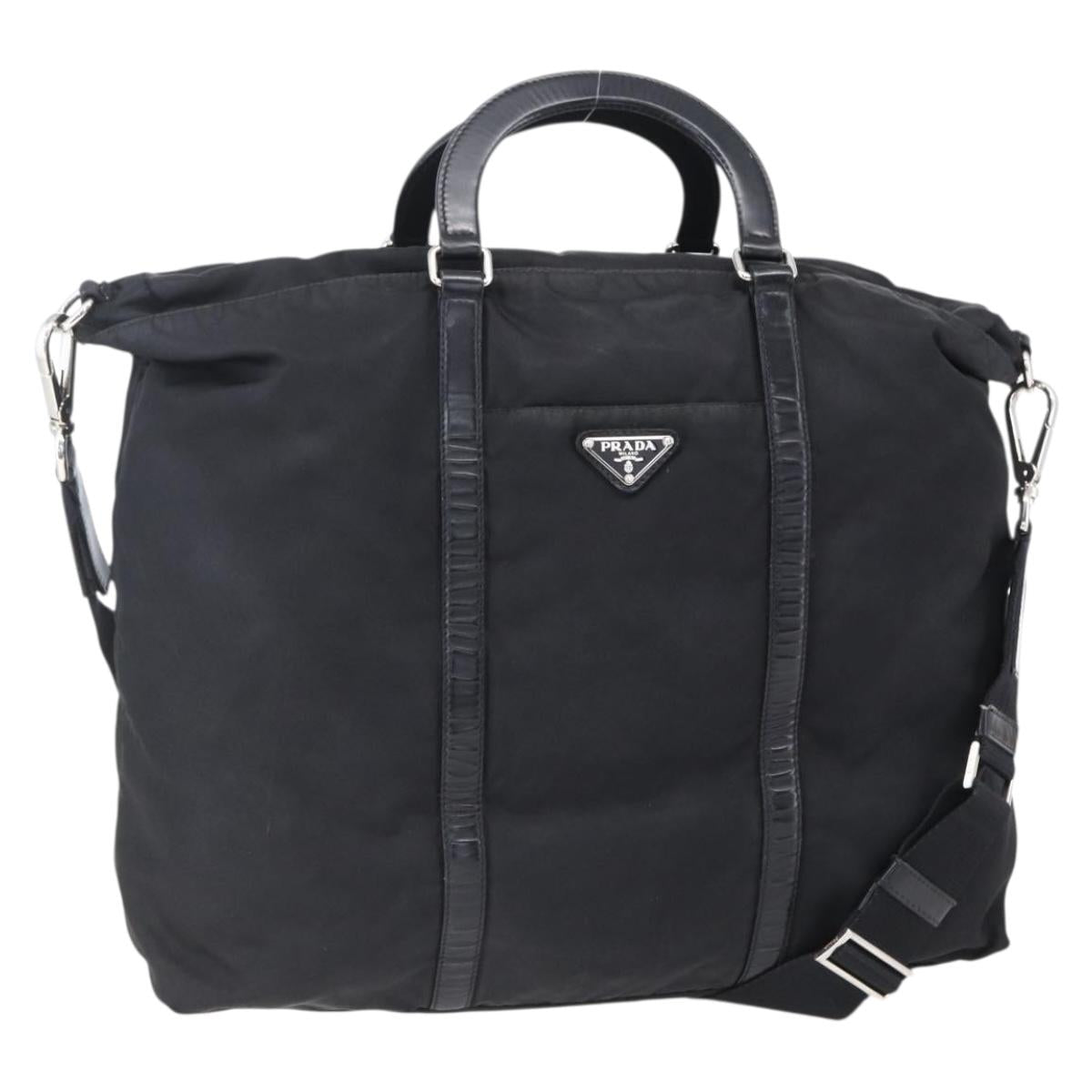 PRADA Tote Bag Nylon Leather 2way Black Silver Auth 146769