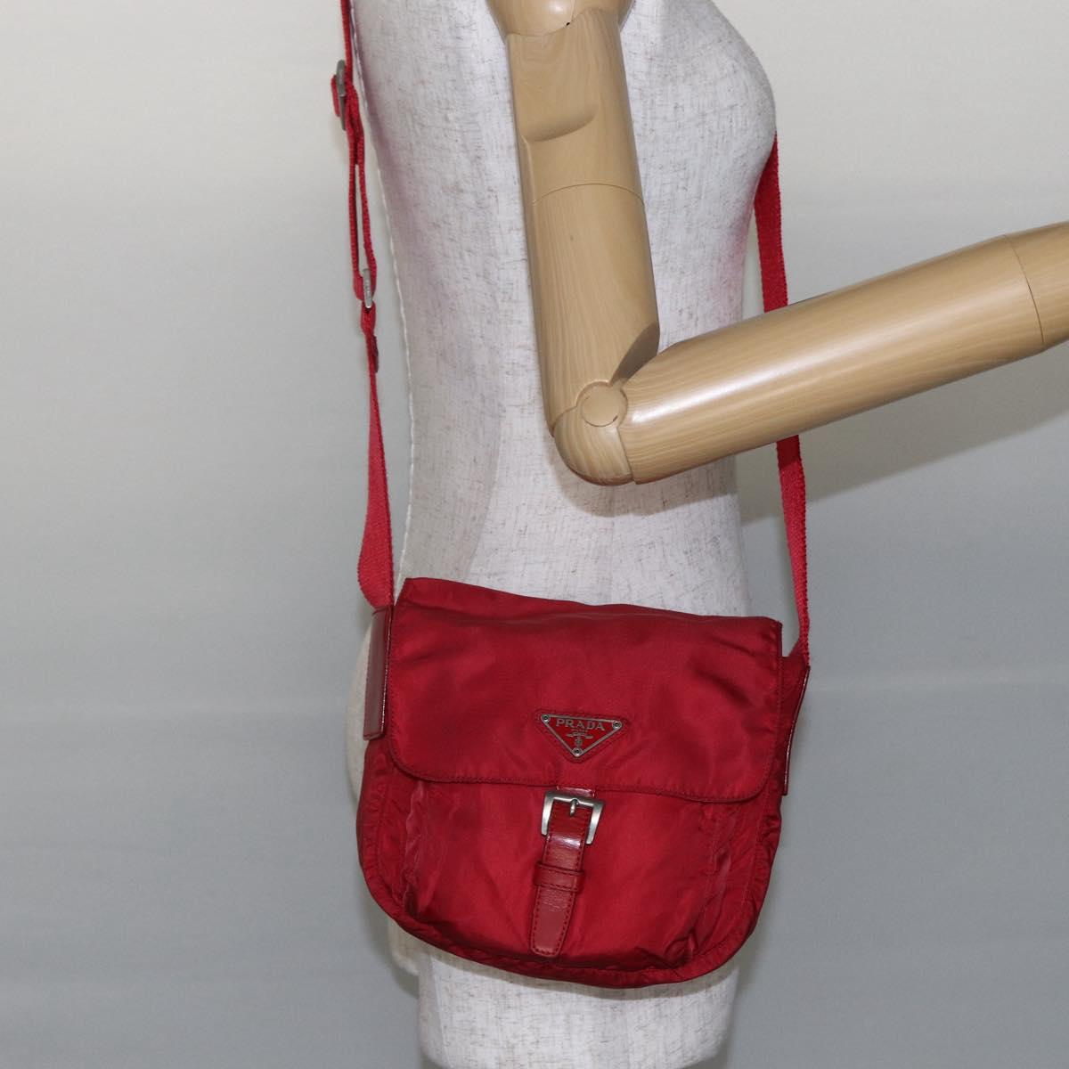 PRADA Shoulder Bag Nylon Red Silver Auth 146771