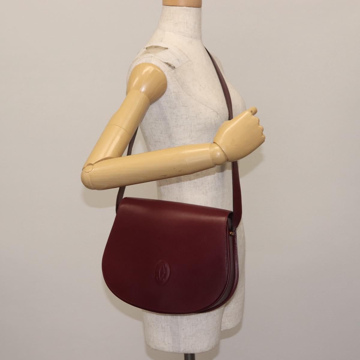 CARTIER Must Line Shoulder Bag Leather Bordeaux Gold Auth 146793