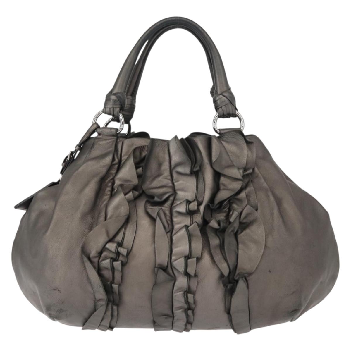 PRADA Tote Bag Leather Gray Silver Auth 146806