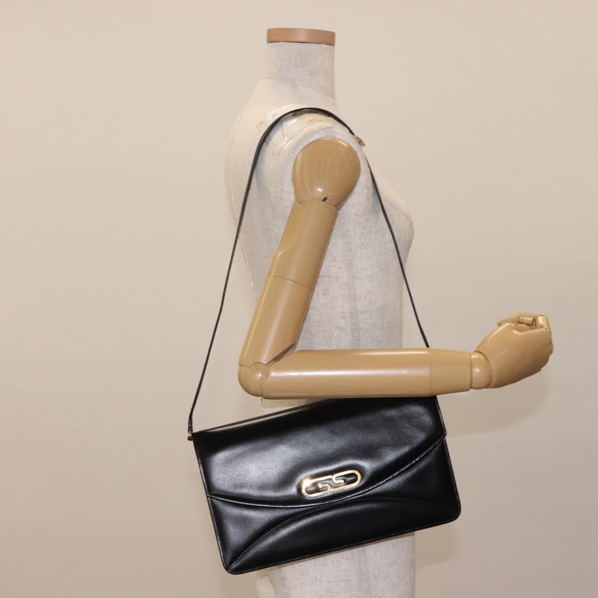 GUCCI Shoulder Bag Leather Vintage Black Gold Auth 146810