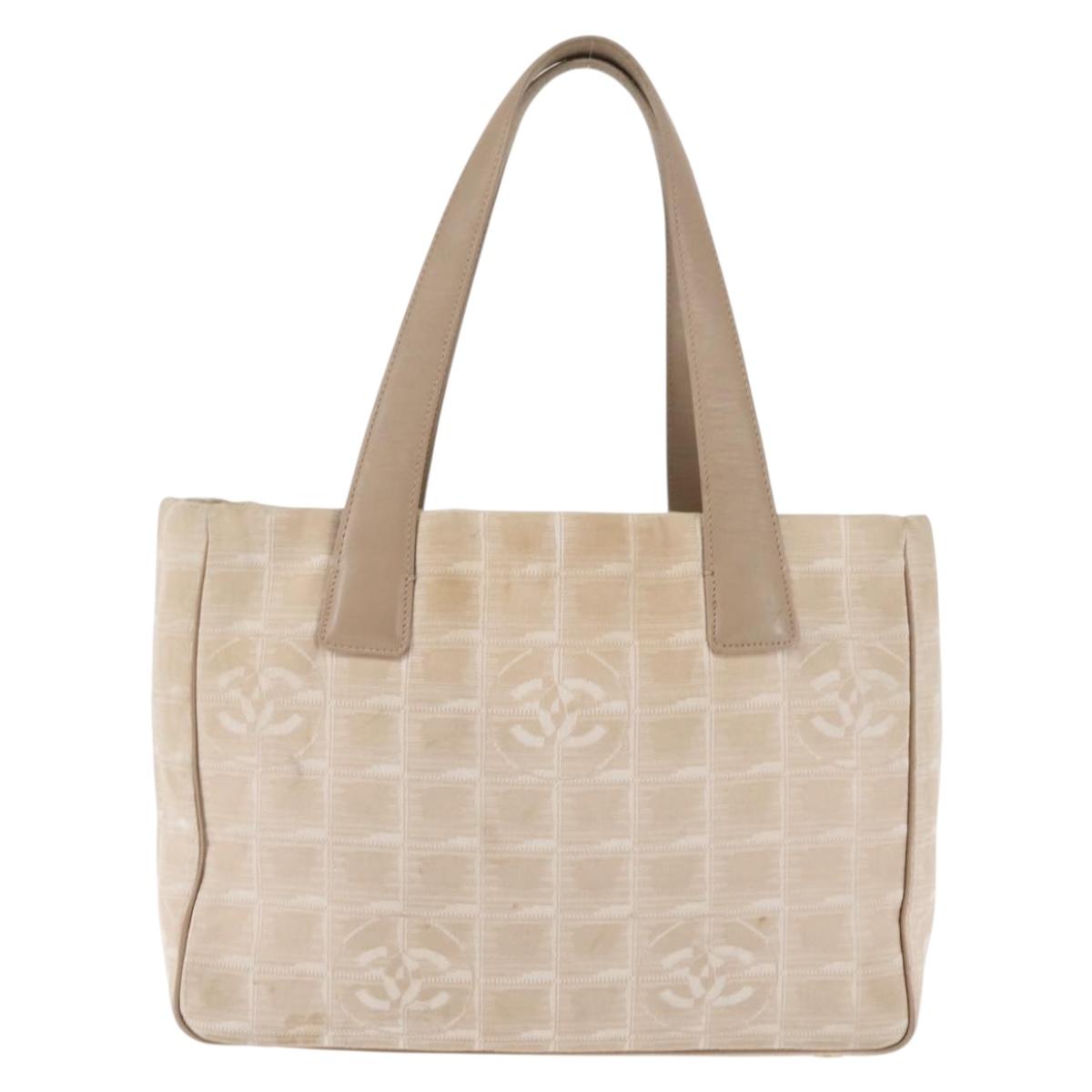CHANEL New Travel Line Tote Bag Nylon Beige gold CC Auth 146811
