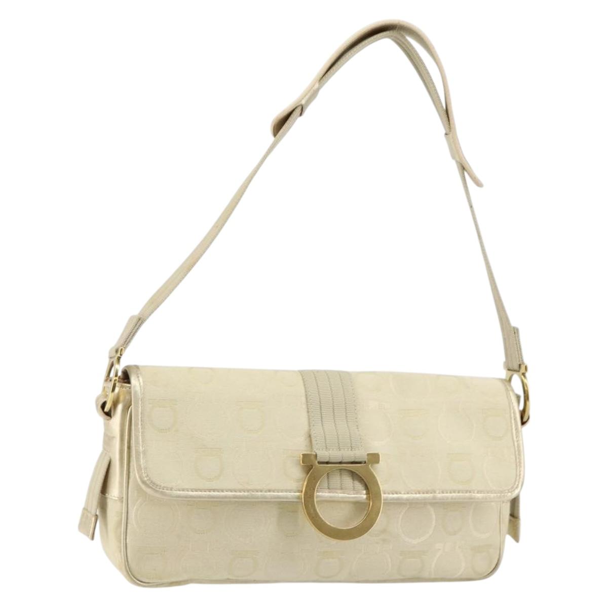 Salvatore Ferragamo Gancini Shoulder Bag Canvas Beige Gold Auth 146818