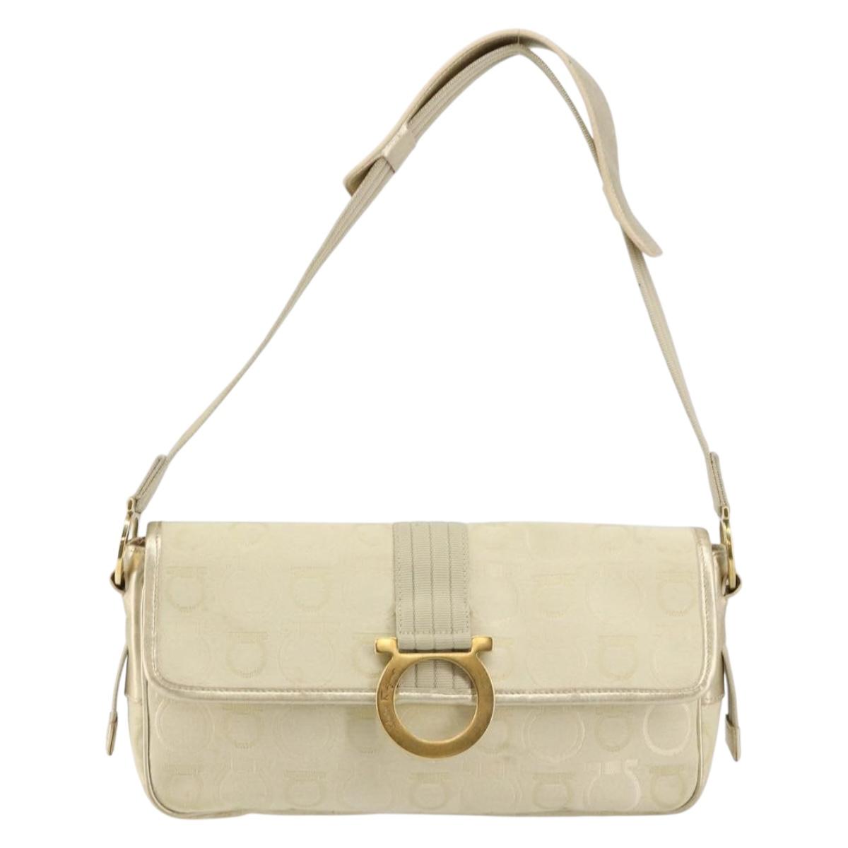 Salvatore Ferragamo Gancini Shoulder Bag Canvas Beige Gold Auth 146818