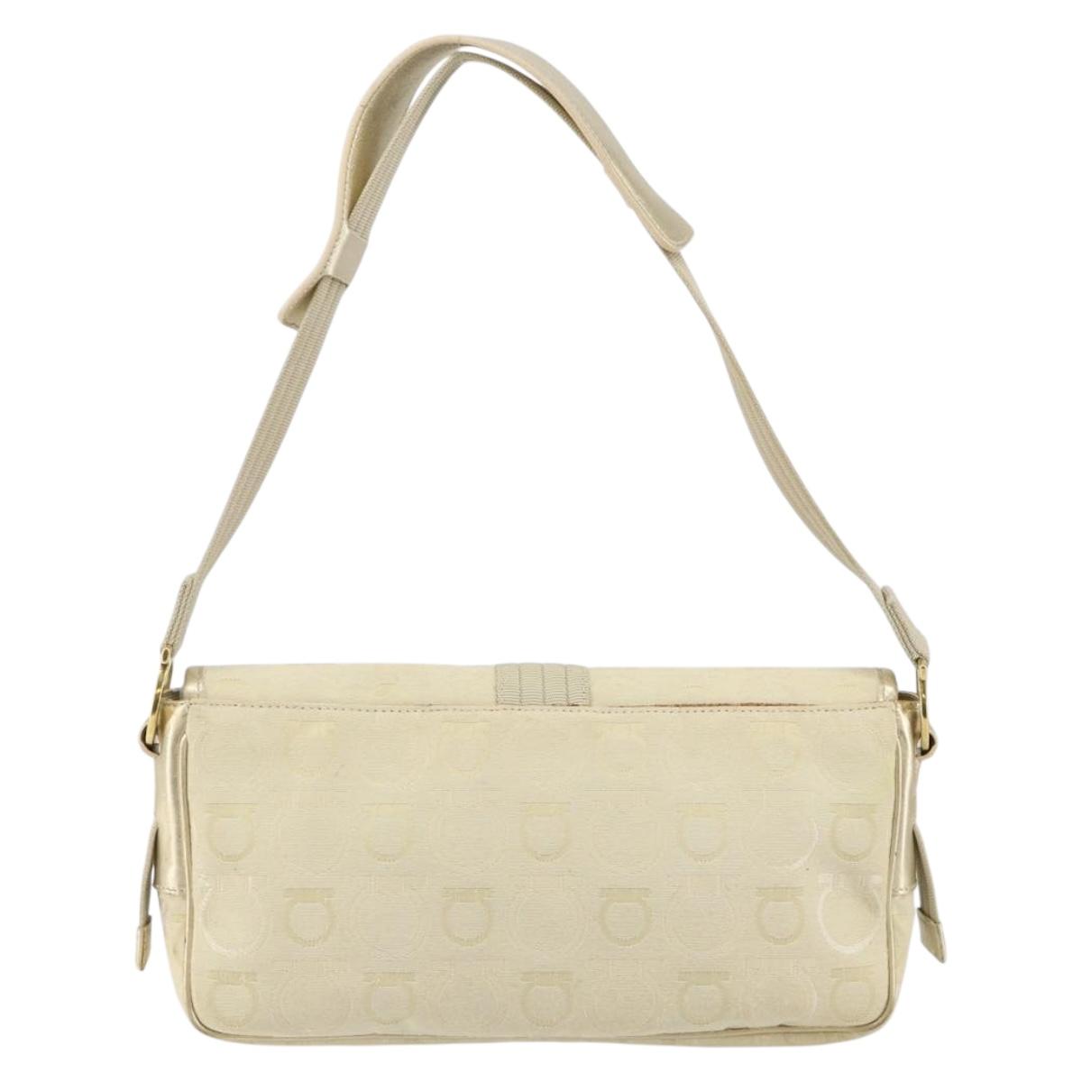 Salvatore Ferragamo Gancini Shoulder Bag Canvas Beige Gold Auth 146818