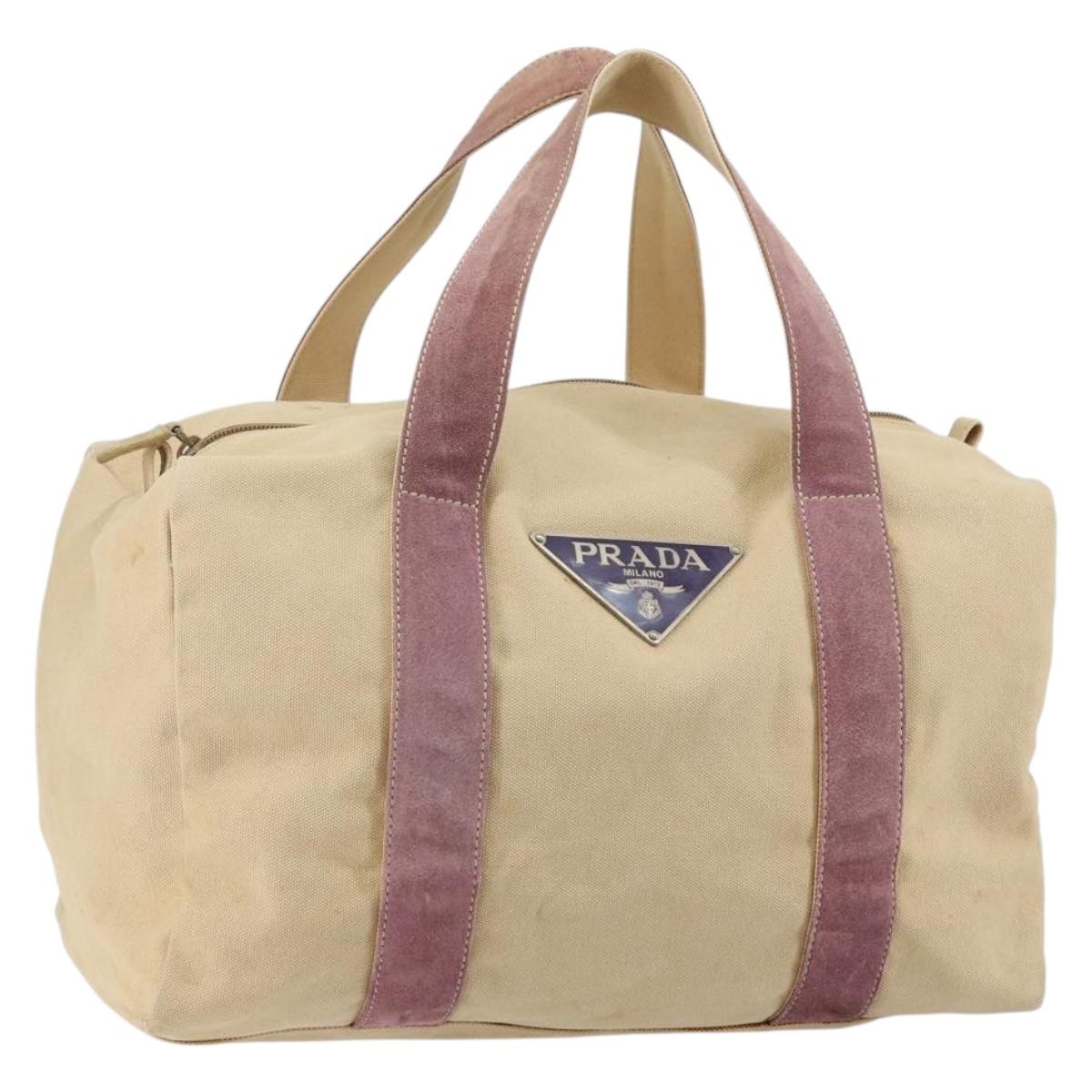 PRADA Hand Bag Canvas Beige Silver Auth 146820