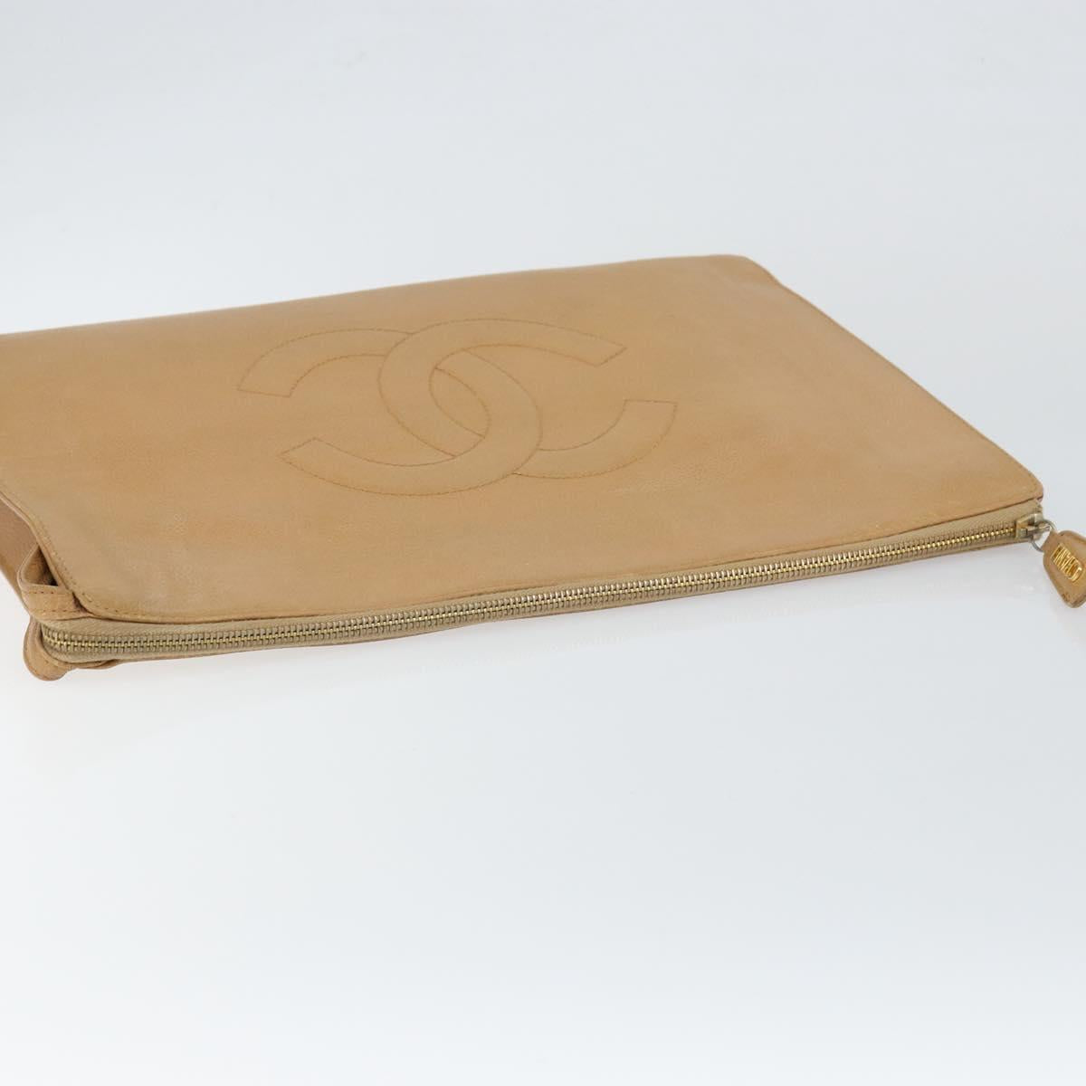 CHANEL COCO Mark Document case Clutch Bag Caviar Skin Beige Gold CC Auth 146822