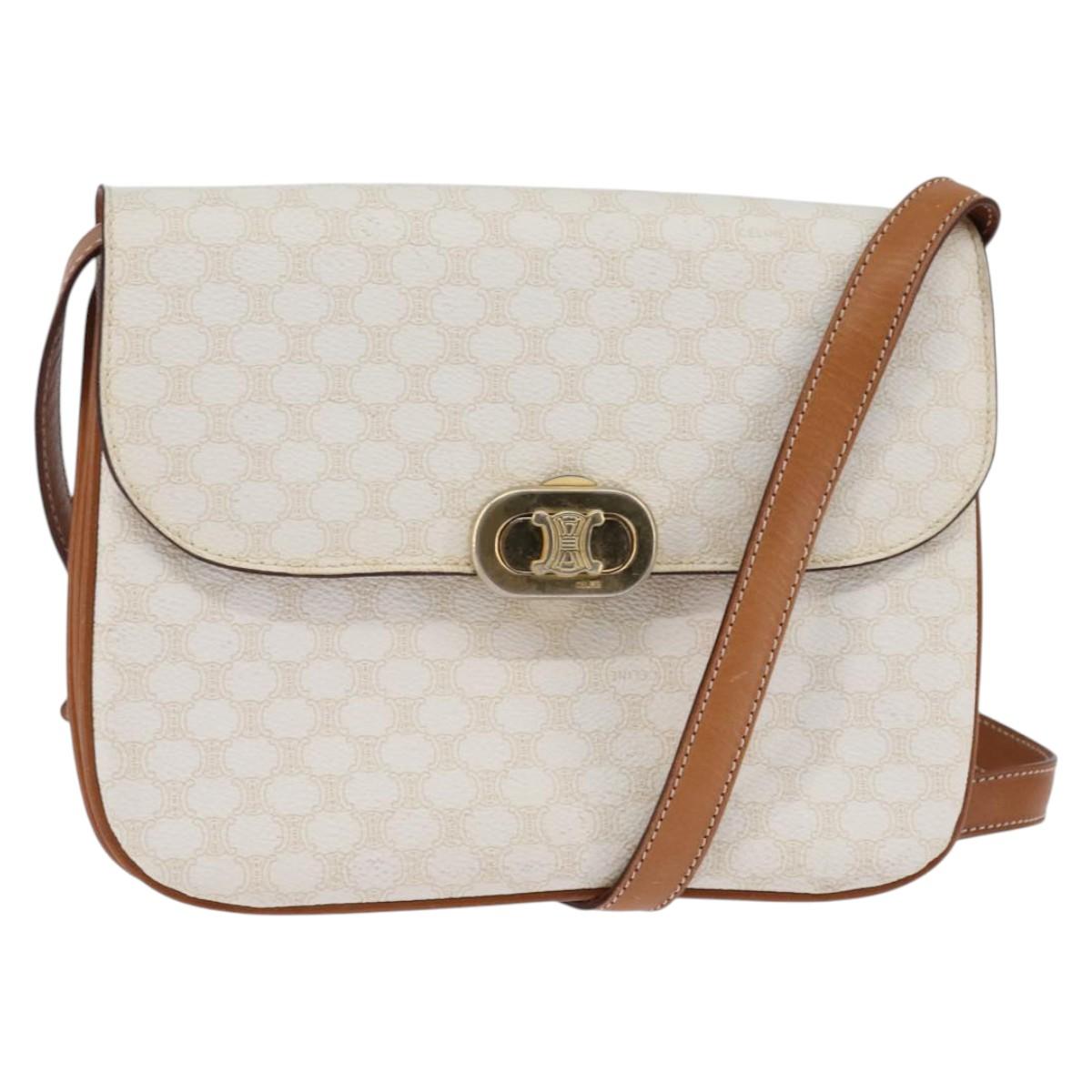 CELINE Macadam Canvas Shoulder Bag PVC Leather White Gold Auth 146823