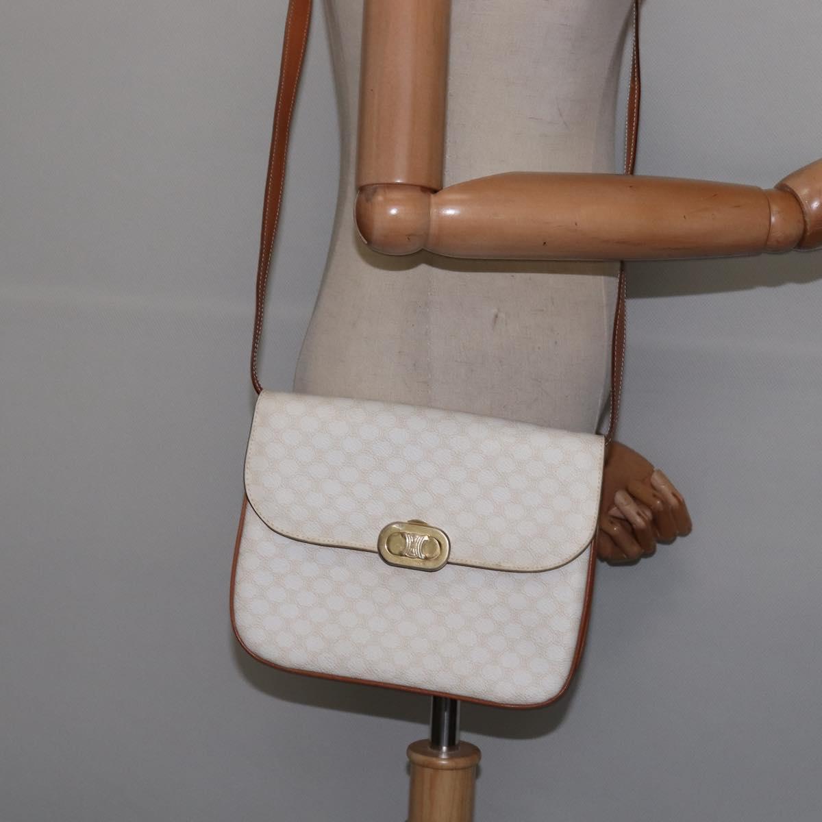 CELINE Macadam Canvas Shoulder Bag PVC Leather White Gold Auth 146823