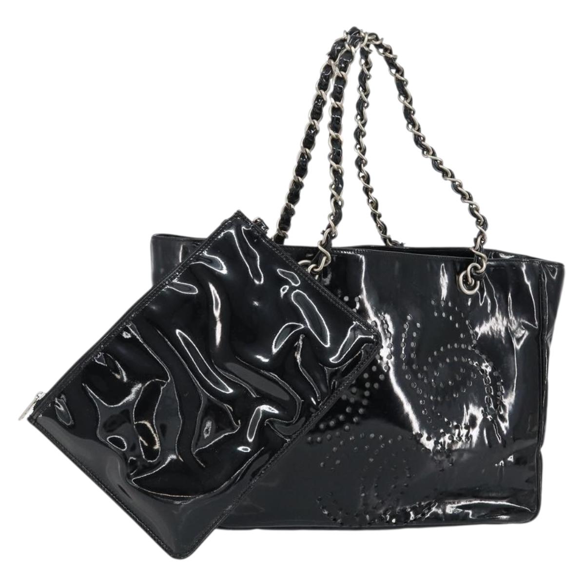 CHANEL Triple Coco Chain Tote Bag Patent leather Black Silver CC Auth 146826