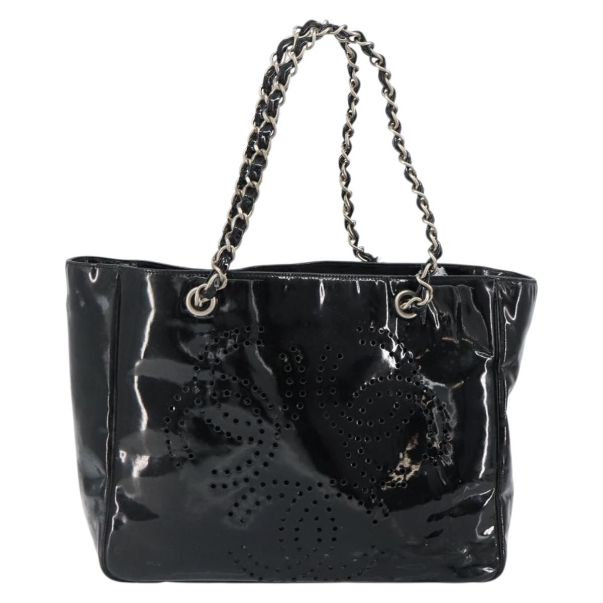 CHANEL Triple Coco Chain Tote Bag Patent leather Black Silver CC Auth 146826