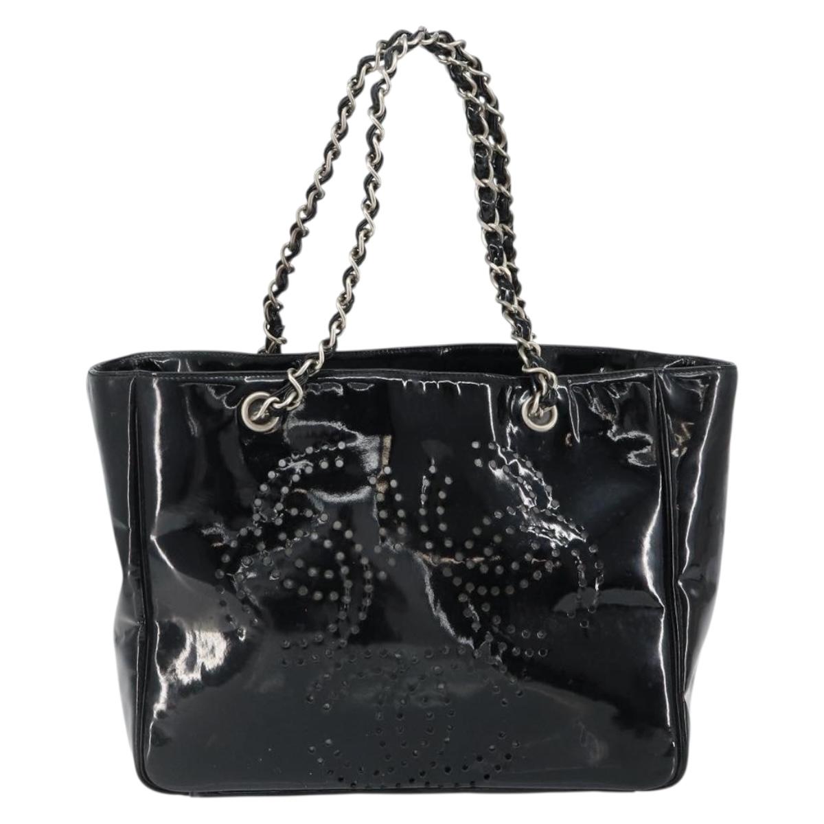 CHANEL Triple Coco Chain Tote Bag Patent leather Black Silver CC Auth 146826