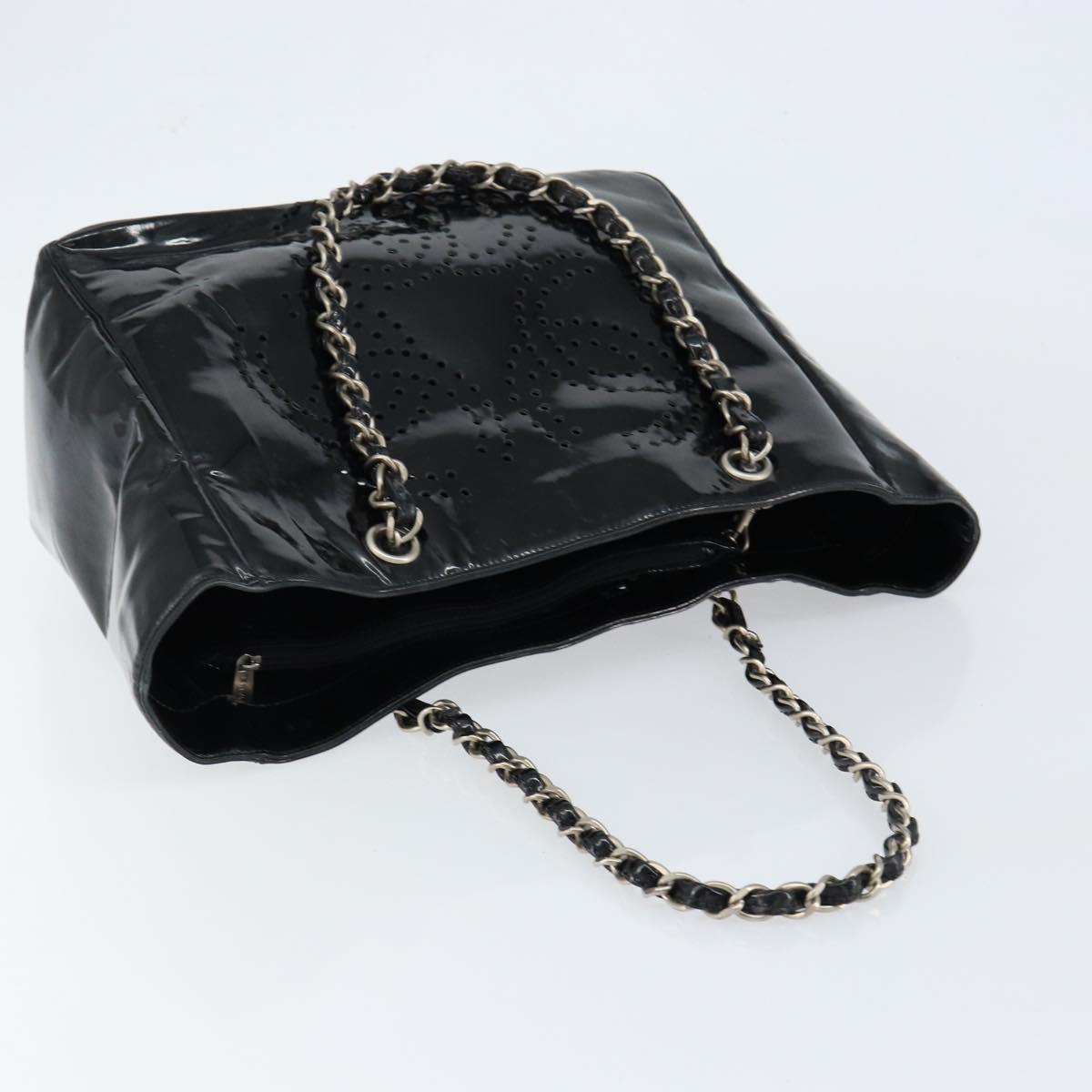 CHANEL Triple Coco Chain Tote Bag Patent leather Black Silver CC Auth 146826