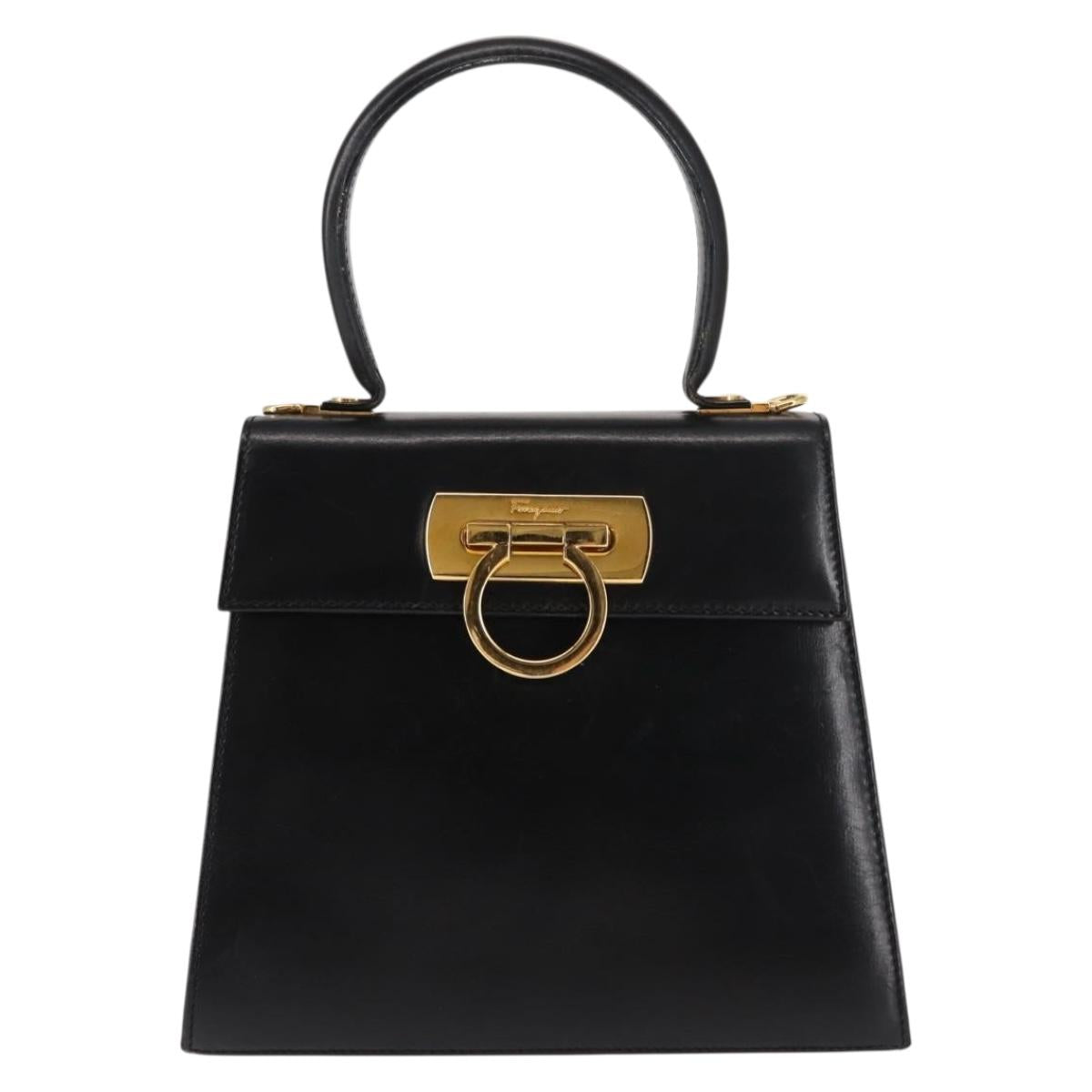 Salvatore Ferragamo Gancini Hand Bag Leather Black Gold Auth 146862