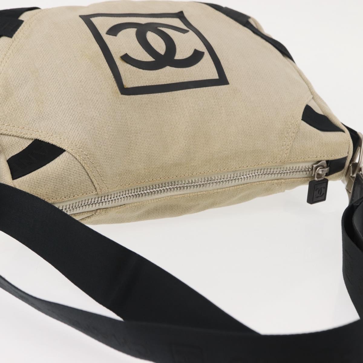 CHANEL Sports COCO Mark Shoulder Bag Canvas Beige Silver CC Auth 146878