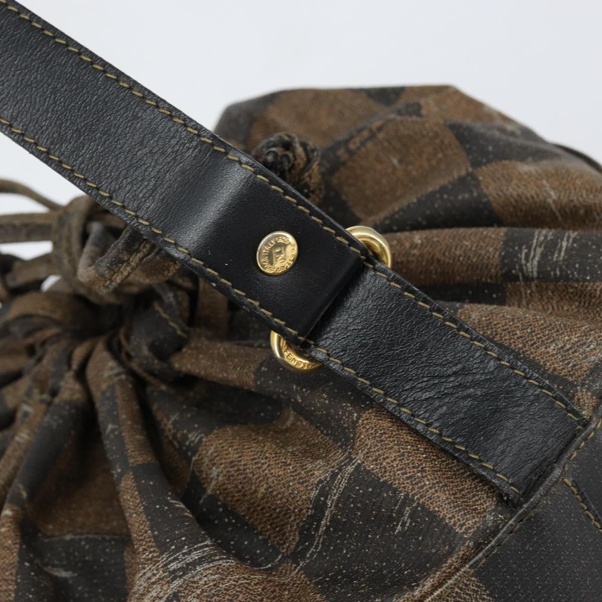 FENDI Pecan Canvas Shoulder Bag PVC Black Brown Auth 146897