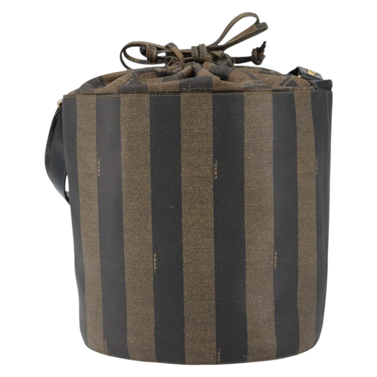 FENDI Pecan Canvas Shoulder Bag PVC Black Brown Auth 146897